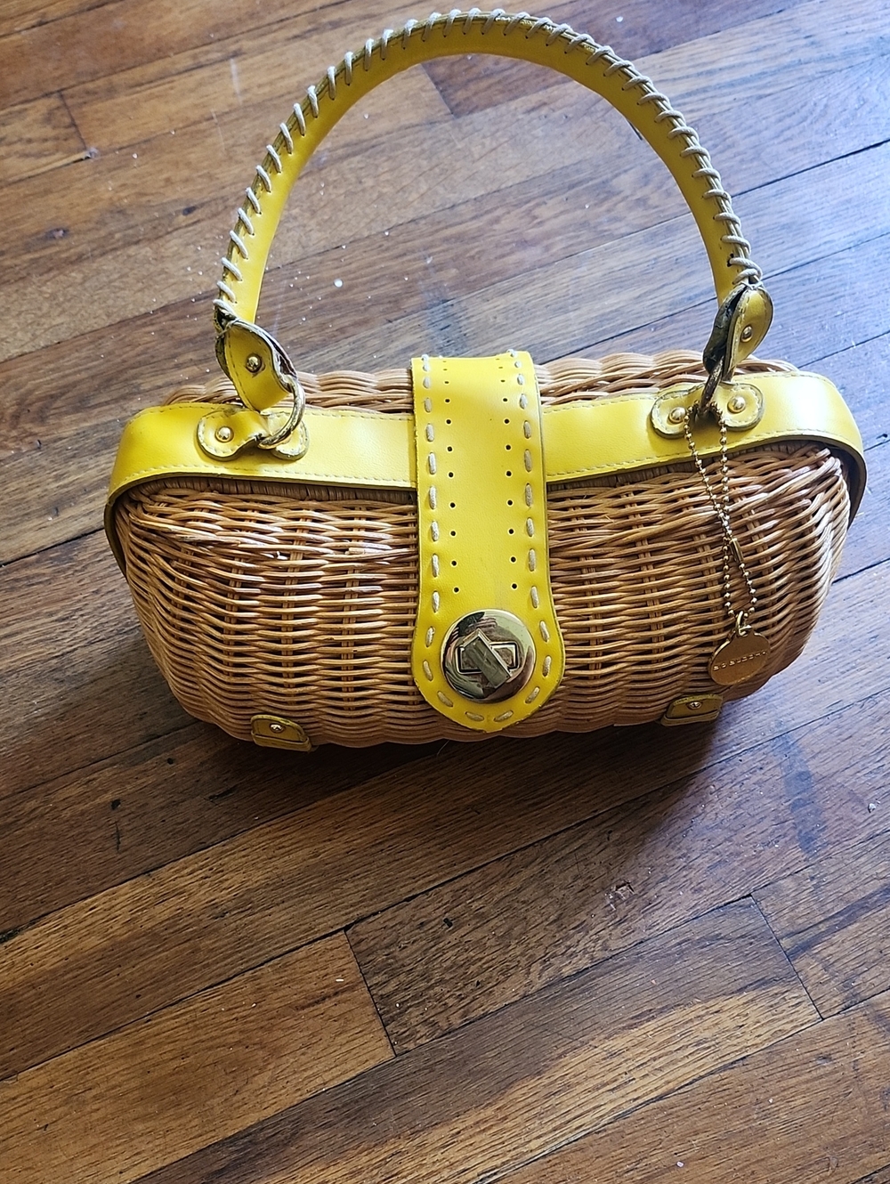 Love Squared Yellow Wicker Tote with Leather Trim